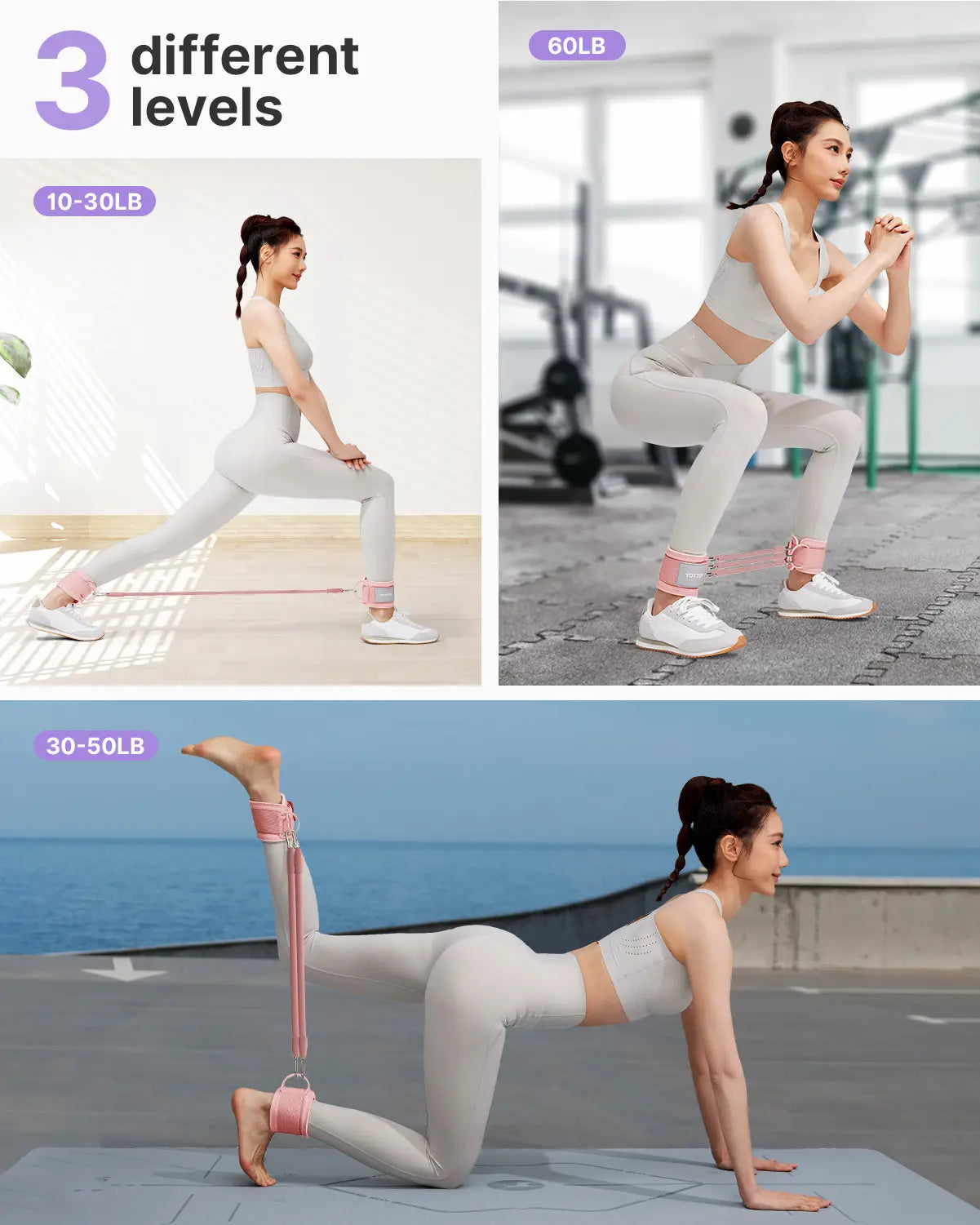 YOTTOY Women'S Adjustable Padded Ankle Straps with 3 Latex Resistance Bands (10-60 Lbs) - Cable Machine Attachment, Workout Equipment for Leg & Glute Training, Gym Stuff, Home Gym, at Home Gym Equipment
