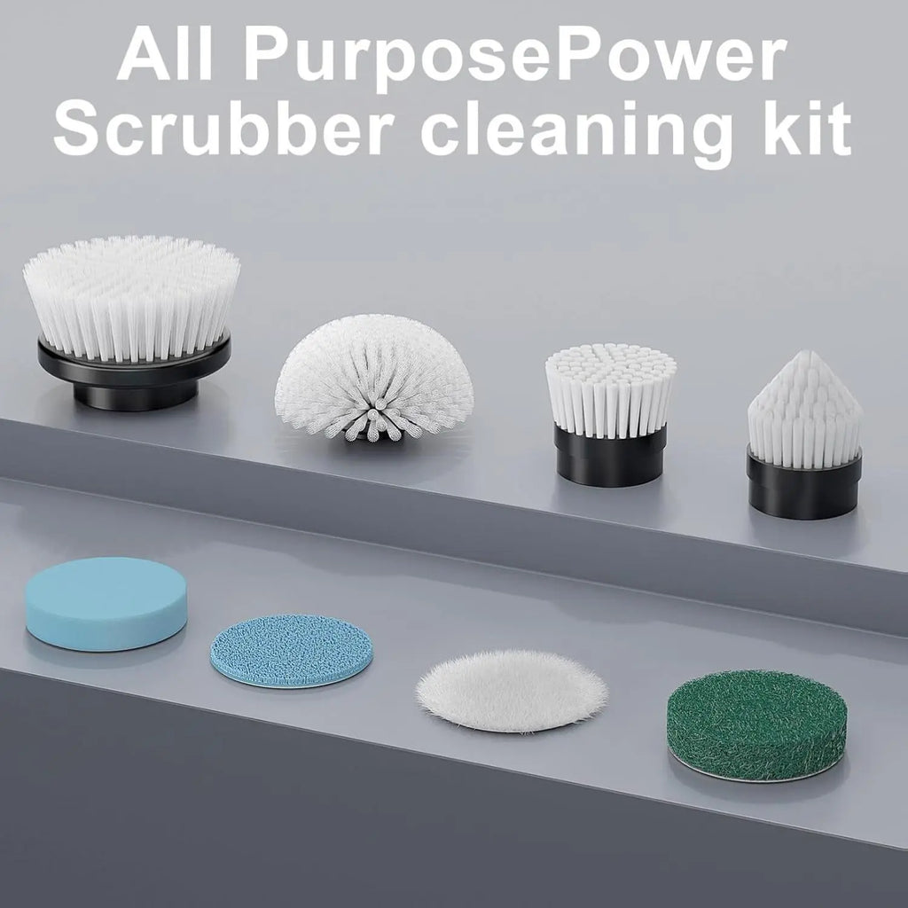 QUEP 9-In-1 Replaceable Cleaning Brush Heads Set - 8 Scrub Brush Heads, 1 Fibre Sponge, Dense Bristles, 2-Year Compatibility for Most Cordless Electric Spin Shower Scrubbers, Wool Cloth Buff for Bathroom, Kitchen Stove, Car Seat, Swimming Pool