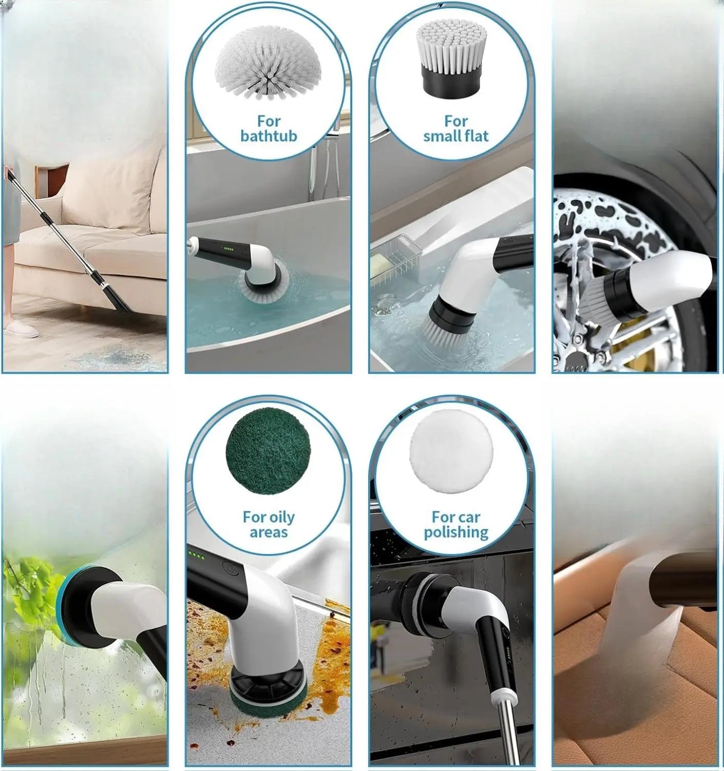 QUEP 9-In-1 Replaceable Cleaning Brush Heads Set - 8 Scrub Brush Heads, 1 Fibre Sponge, Dense Bristles, 2-Year Compatibility for Most Cordless Electric Spin Shower Scrubbers, Wool Cloth Buff for Bathroom, Kitchen Stove, Car Seat, Swimming Pool