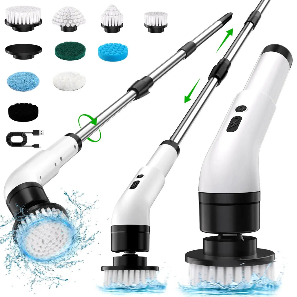 Electric Spin Scrubber Bath Tub Power Scrubber with Long Handle & Replaceable Heads, Detachable for Short Handle, Cleaning Tool