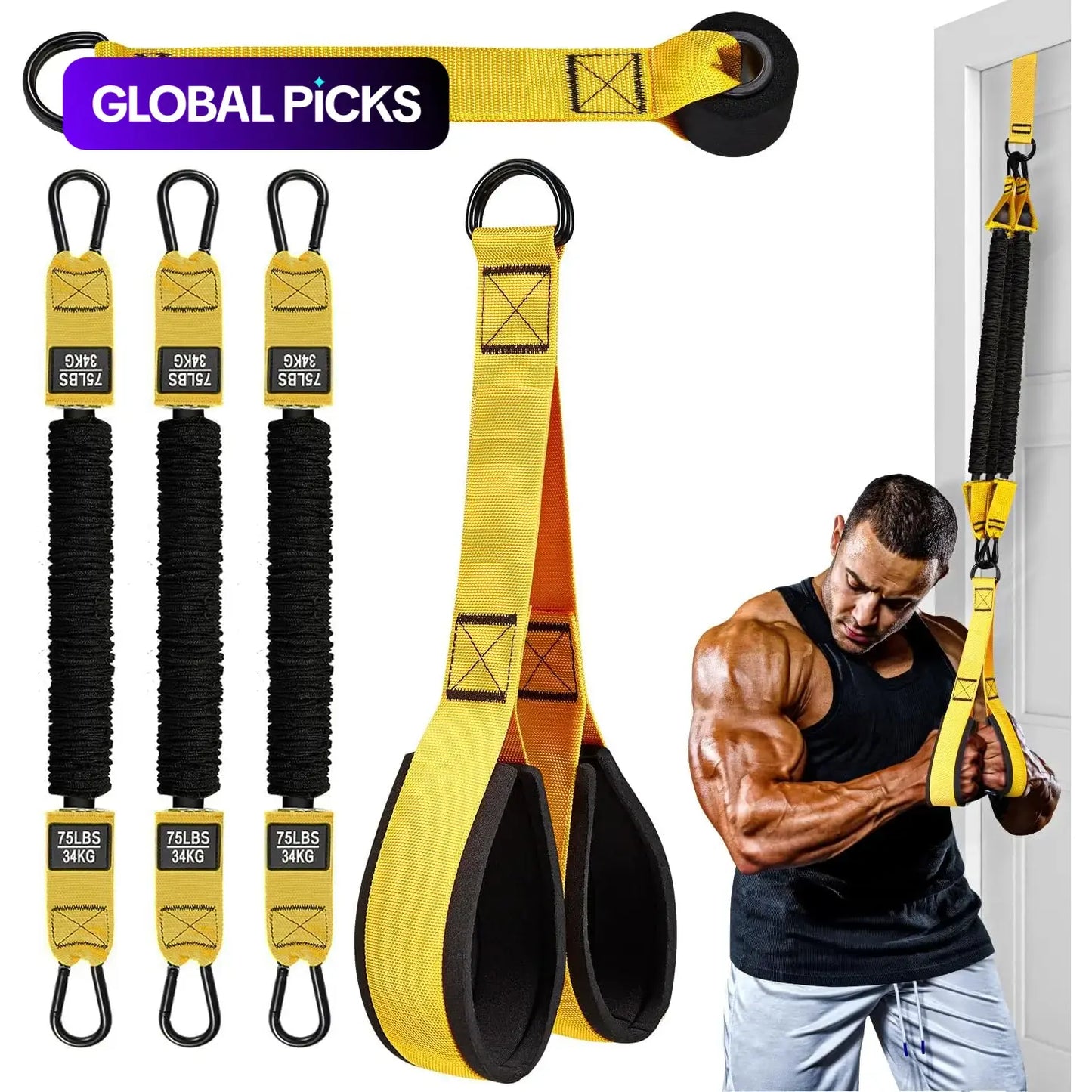 Heavy-Duty Latex Resistance Training Fitness Equipment, Exercise Equipment, Gear, Adjustable Resistance Workout Straps with 225 Lbs Capacity for Deltoid Press, Bicep Curls, Arms and Shoulder Toning, Home and Gym Workouts Tool #GLOBAL PICKS