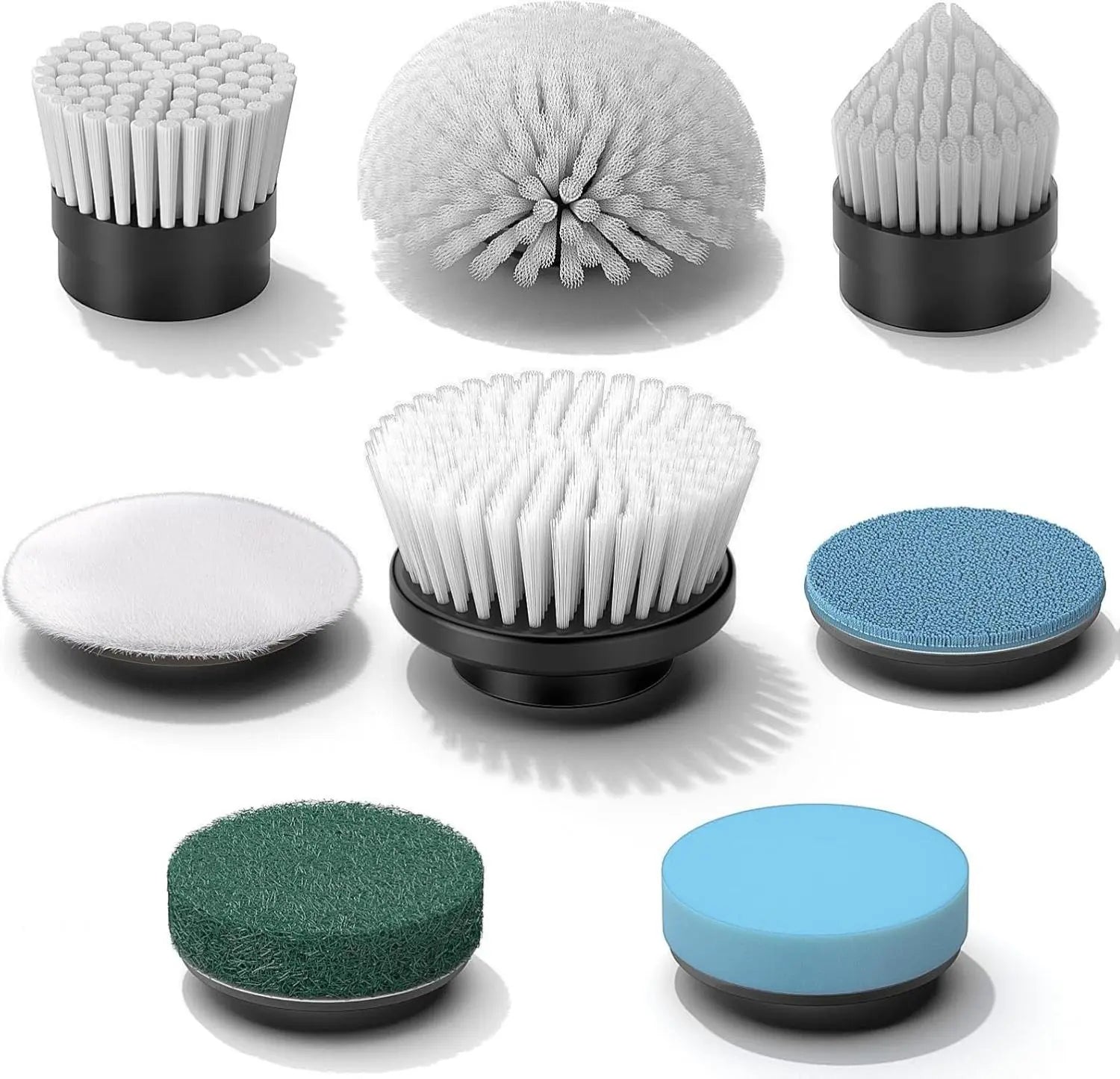 QUEP 9-In-1 Replaceable Cleaning Brush Heads Set - 8 Scrub Brush Heads, 1 Fibre Sponge, Dense Bristles, 2-Year Compatibility for Most Cordless Electric Spin Shower Scrubbers, Wool Cloth Buff for Bathroom, Kitchen Stove, Car Seat, Swimming Pool