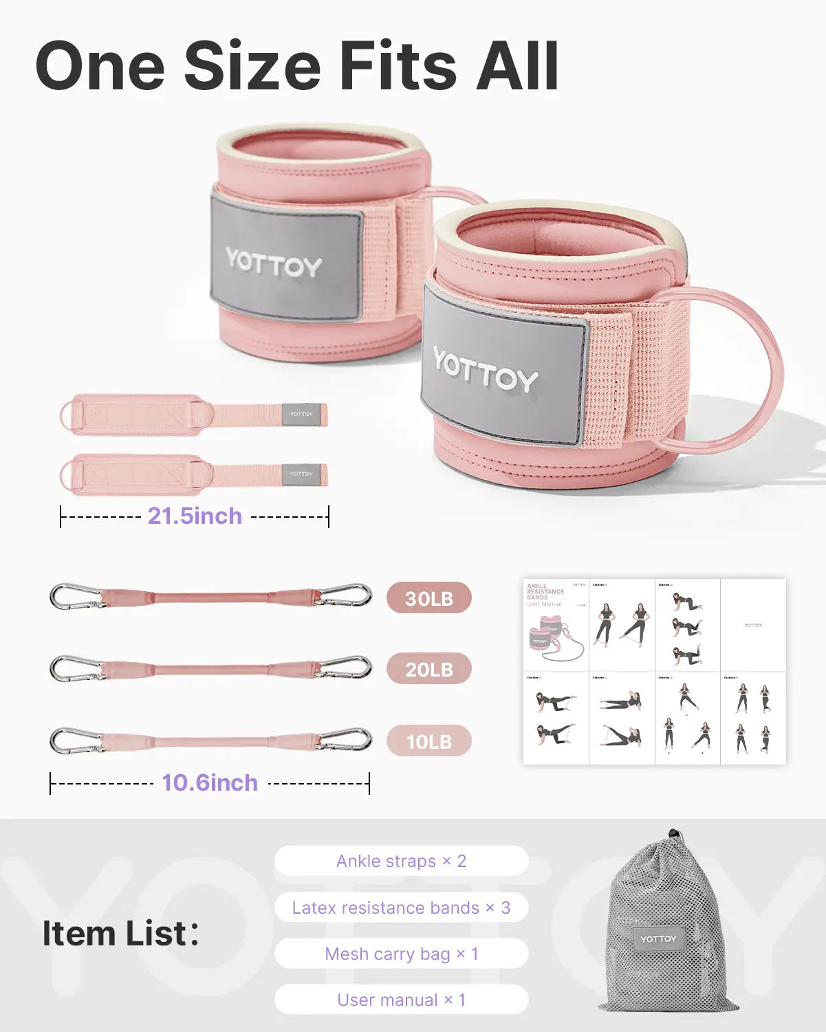 YOTTOY Women'S Adjustable Padded Ankle Straps with 3 Latex Resistance Bands (10-60 Lbs) - Cable Machine Attachment, Workout Equipment for Leg & Glute Training, Gym Stuff, Home Gym, at Home Gym Equipment