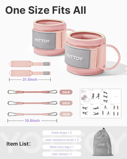 YOTTOY Women'S Adjustable Padded Ankle Straps with 3 Latex Resistance Bands (10-60 Lbs) - Cable Machine Attachment, Workout Equipment for Leg & Glute Training, Gym Stuff, Home Gym, at Home Gym Equipment