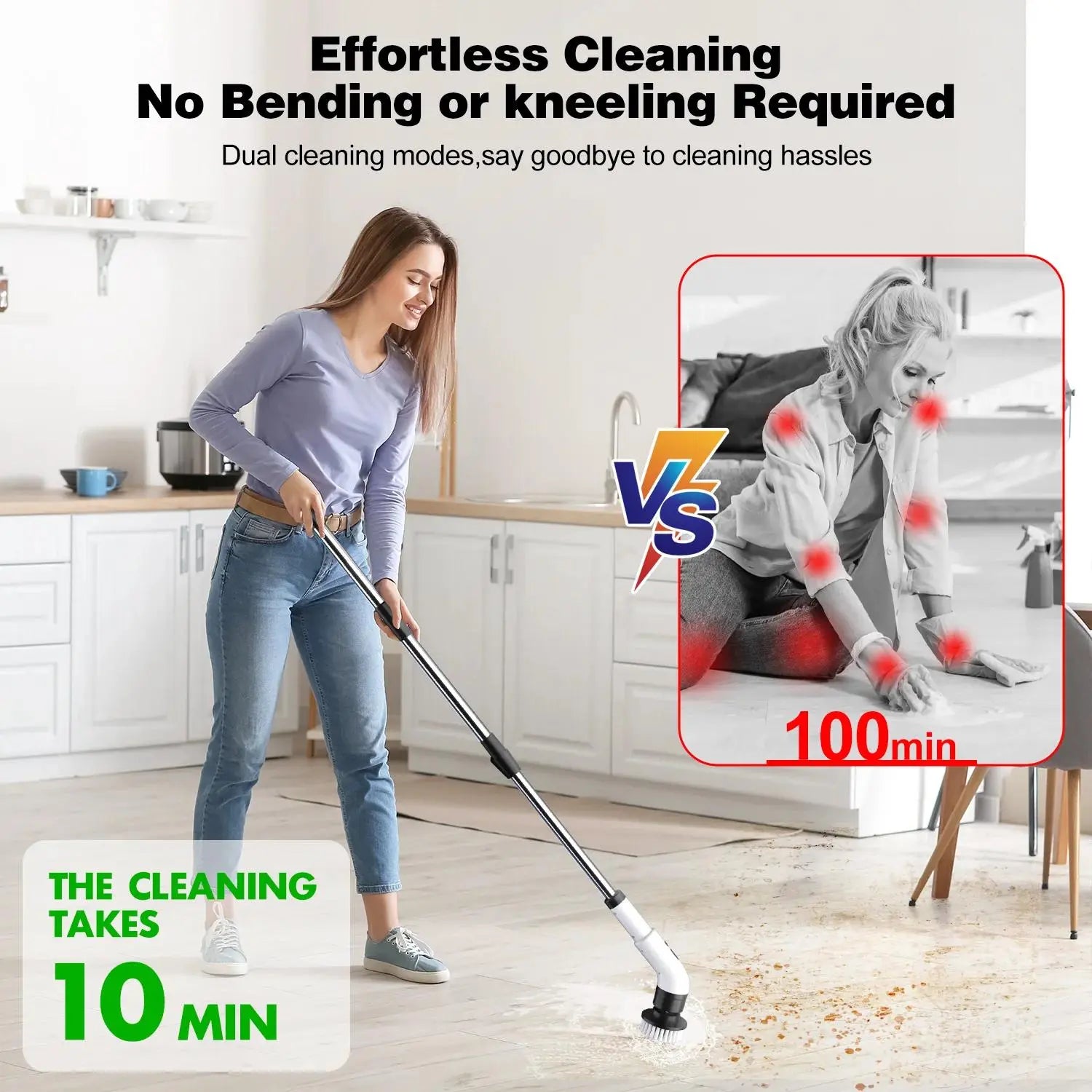 Electric Spin Scrubber Bath Tub Power Scrubber with Long Handle & Replaceable Heads, Detachable for Short Handle, Cleaning Tool